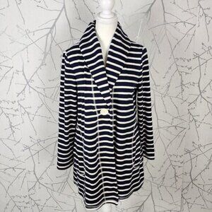 Joseph Ribkoff Navy Stripe Jersey Knit Shawl Collar Single Button Cardigan